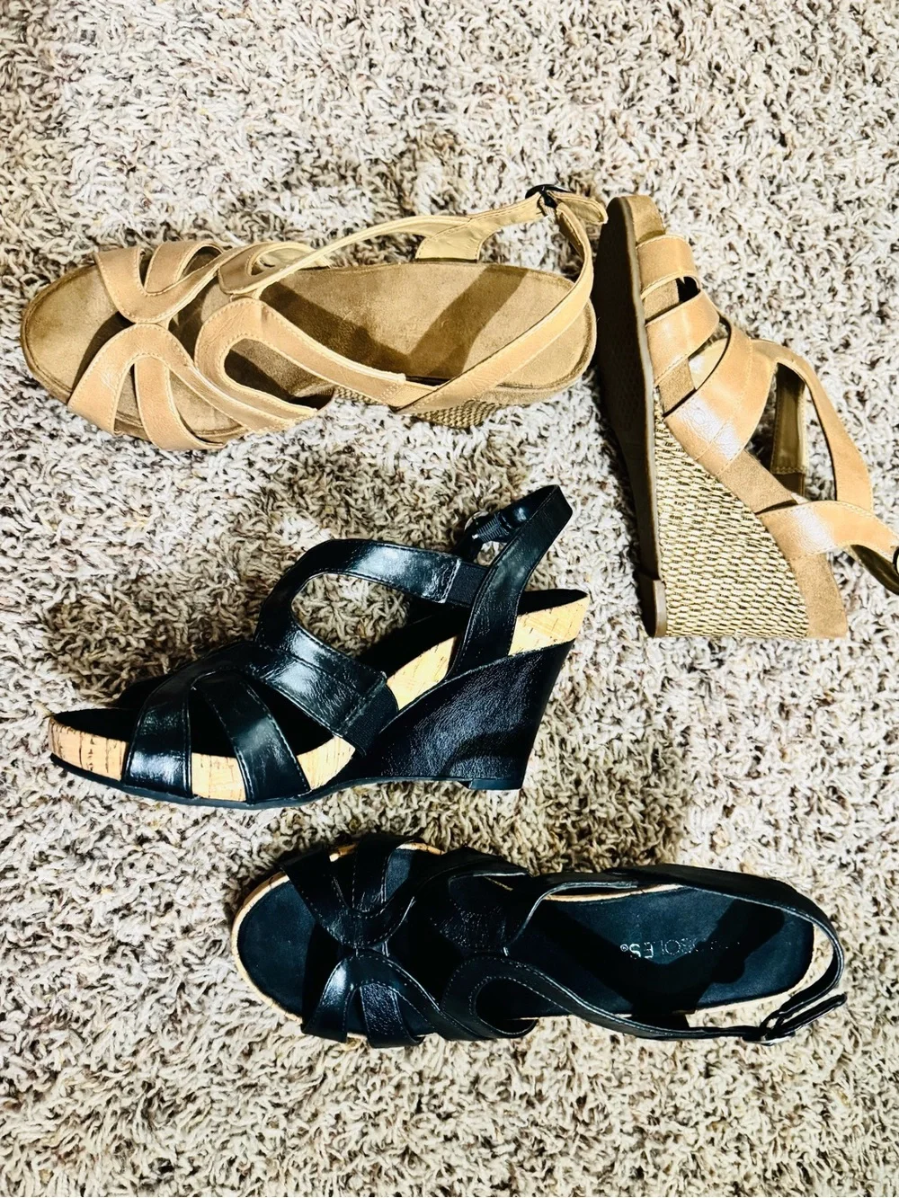 TWO AEROSOLES Women's Black Tan Wedge Strappy Sandals *Comfort Memory Foam*
